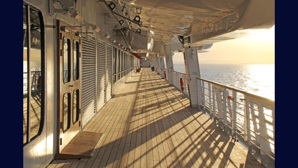 Cruise ship deck at sunset featuring wellness amenities and longevity health programs for hospitality guests and travelers