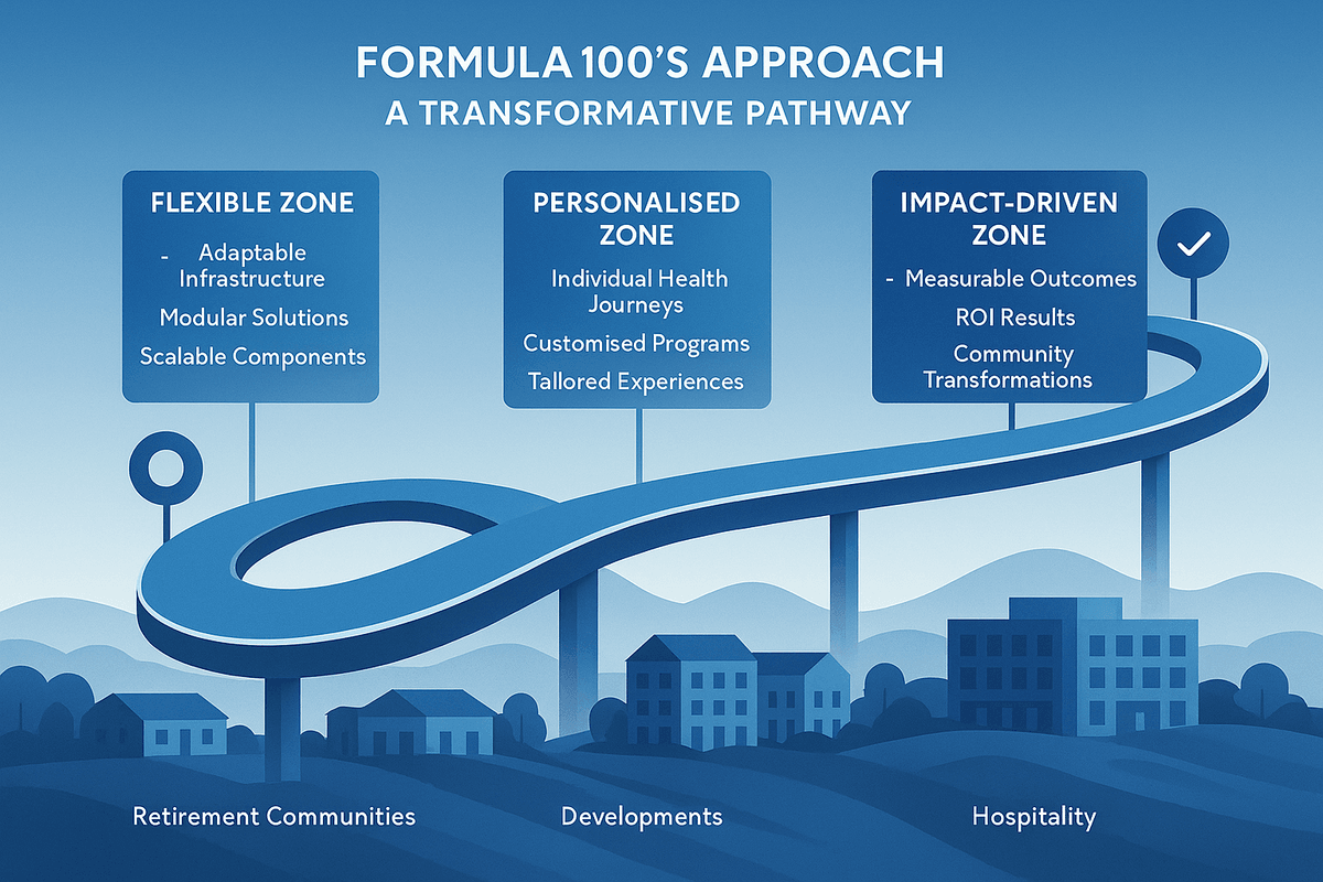 Formula 100 Health approach diagram showing flexible, personalised, and impact-driven implementation pathway for longevity solutions
