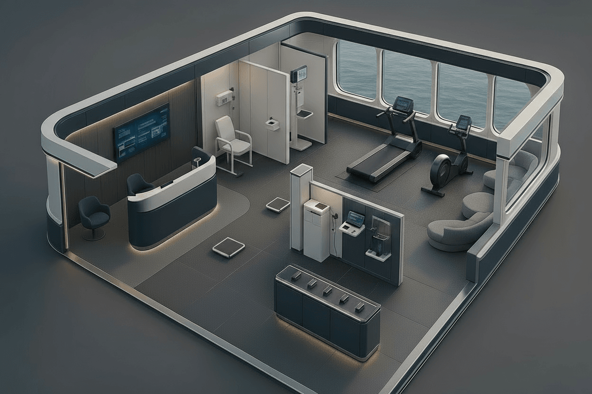 Longevity Suite deployed on cruise ship deck with comprehensive health assessment and fitness tracking capabilities