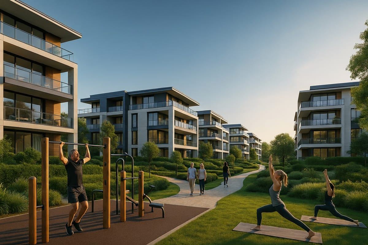 Modern property development outdoor wellness and fitness facilities showcasing longevity-focused residential amenities and healthy living spaces
