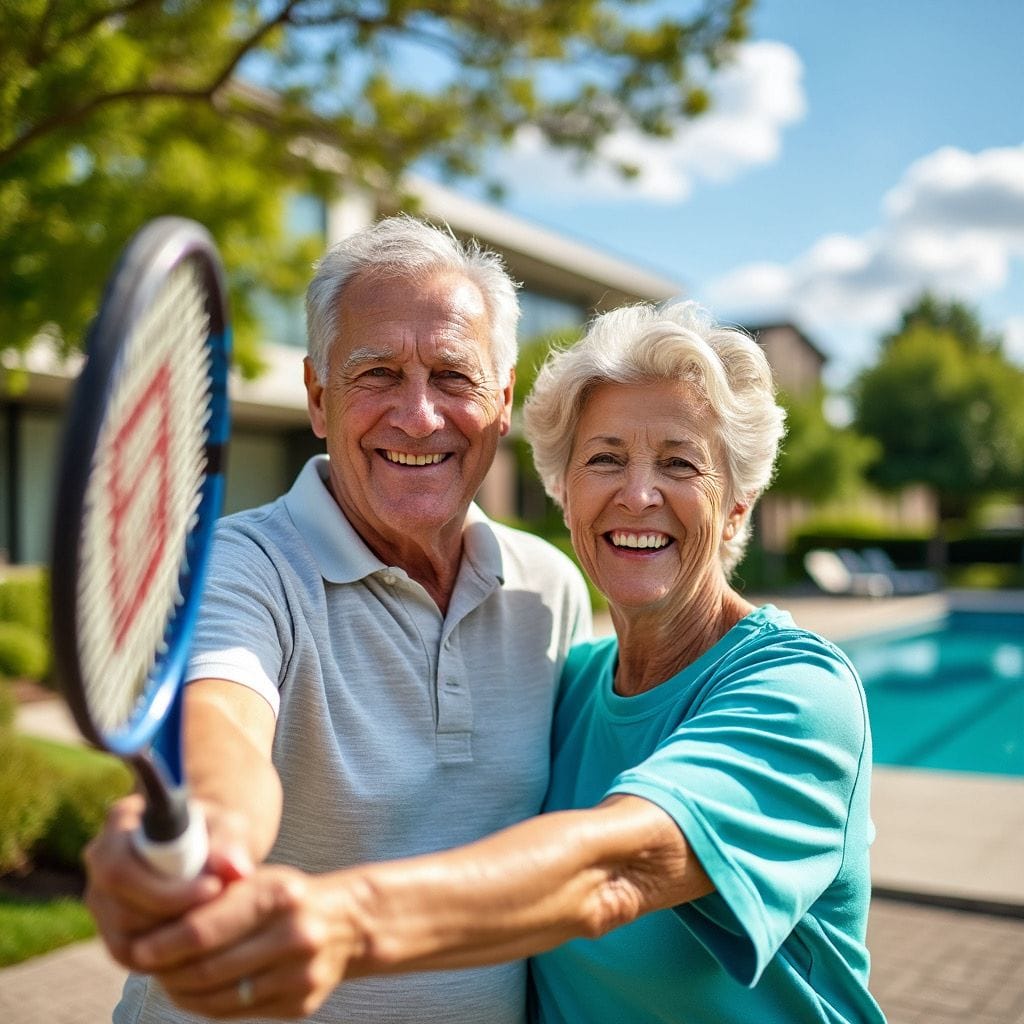 Active seniors playing tennis demonstrating healthy aging and fitness in retirement community with longevity wellness programs